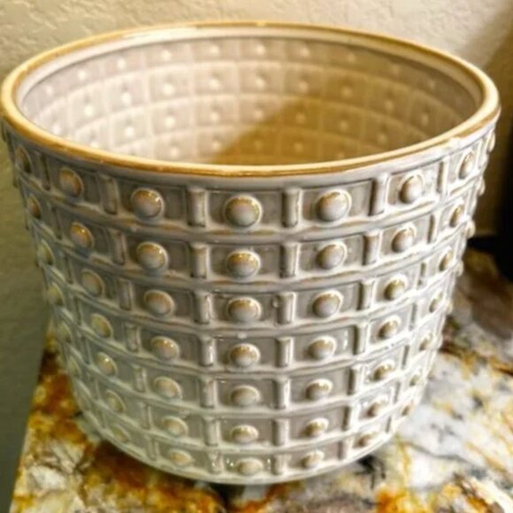 New Ceramic Textured Beaded Flower Herbs Planter Pot With Wood Stand - Picture 1 of 9